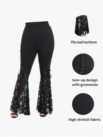 Plus Size Lace Panel Pull On Flare Pants With Lace-up [57% OFF