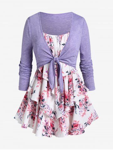 Plus Size Floral Layered Tank Top and Solid Tie Cropped Tee Set - LIGHT PURPLE - 1X | US 14-16