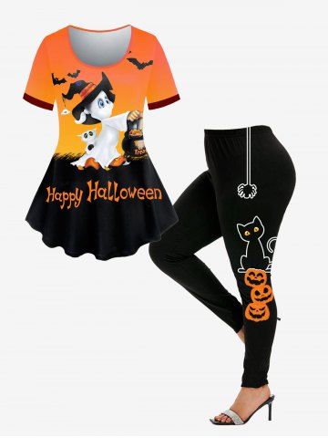 Halloween Witch Bat Print Tee and Halloween Pumpkin Cat Spiders Print Leggings Plus Size Outfit - DARK ORANGE