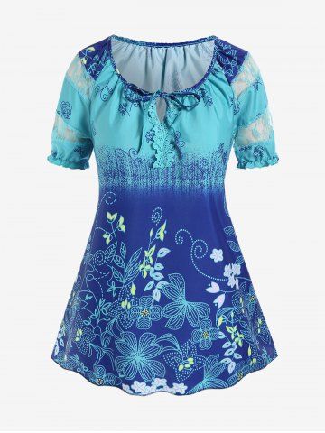 Plus Size Floral Print Raglan Sleeve Tee - BLUE - 3XL