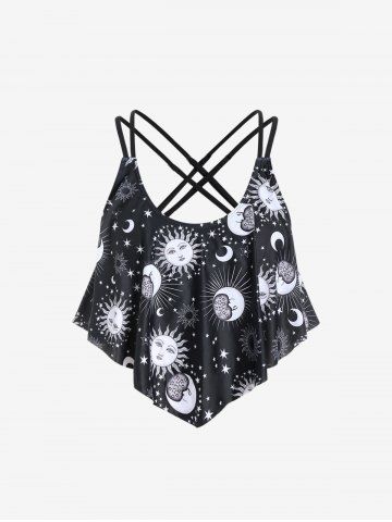 Plus Size Strappy Moon Sun Printed Padded Swim Top