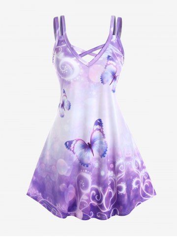 Plus Size Butterfly Print Crisscross Dress - PURPLE - 1X | US 14-16