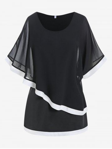 T-shirt Superposé en Tulle à Ourlet Contrasté de Grande Taille - BLACK - L | US 12