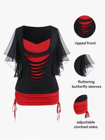 Plus Size Butterfly Sleeve Ripped Cinched 2 in 1 Tee