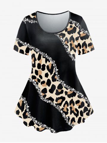 Plus Size Sparkle Leopard Print T-shirt - BLACK - M | US 10