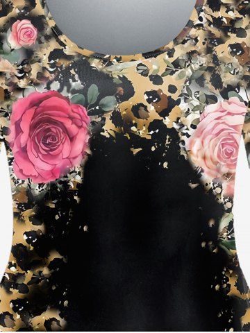 Plus Size Short Sleeve Leopard Rose Print T-shirt
