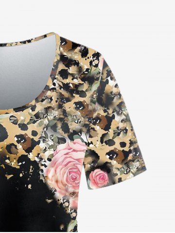 Plus Size Short Sleeve Leopard Rose Print T-shirt