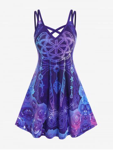Plus Size Crisscross Dreamcatcher Rose Print Dress - DEEP BLUE - 1X | US 14-16