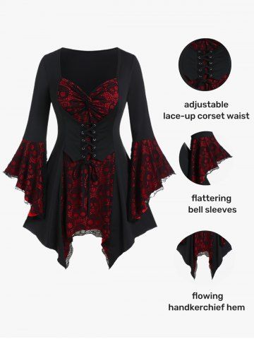 Plus Size Skulls Mesh Panel Bell Sleeves Twist Lace Up Asymmetrical 2 In 1 Top