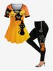 Pumpkin Face Cat Print Halloween T-shirt and Halloween Pumpkin Cat Spiders Leggings Outfit -  
