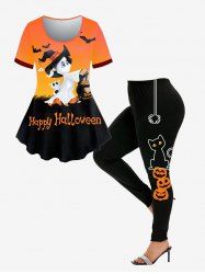 Halloween Witch Bat Print Tee and Halloween Pumpkin Cat Spiders Print Leggings Plus Size Outfit -  
