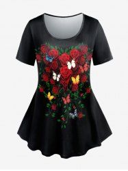 T-shirt à Imprimé Rose Papillon de Grande Taille à Manches Courtes - Noir 4X | US 26-28