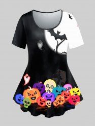 T-shirt à Manches Courtes à Imprimé Crânes Citrouille et Chauves-souris d'Halloween - Noir 1X | US 14-16