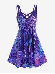 Plus Size Crisscross Dreamcatcher Rose Print Dress -  