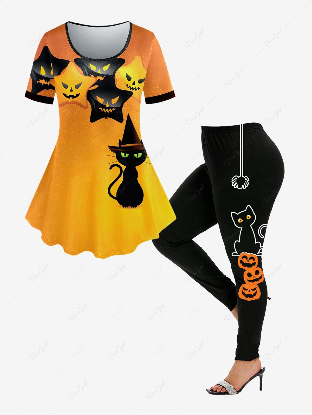 Online Pumpkin Face Cat Print Halloween T-shirt and Halloween Pumpkin Cat Spiders Leggings Outfit  
