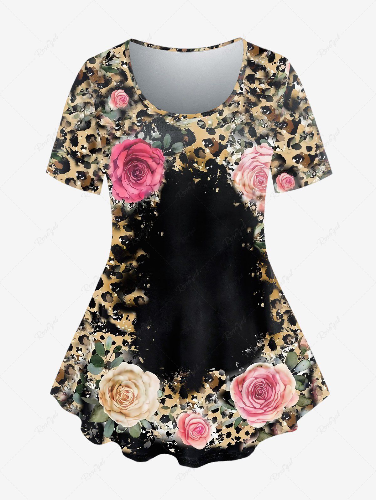 Shop Plus Size Short Sleeve Leopard Rose Print T-shirt  
