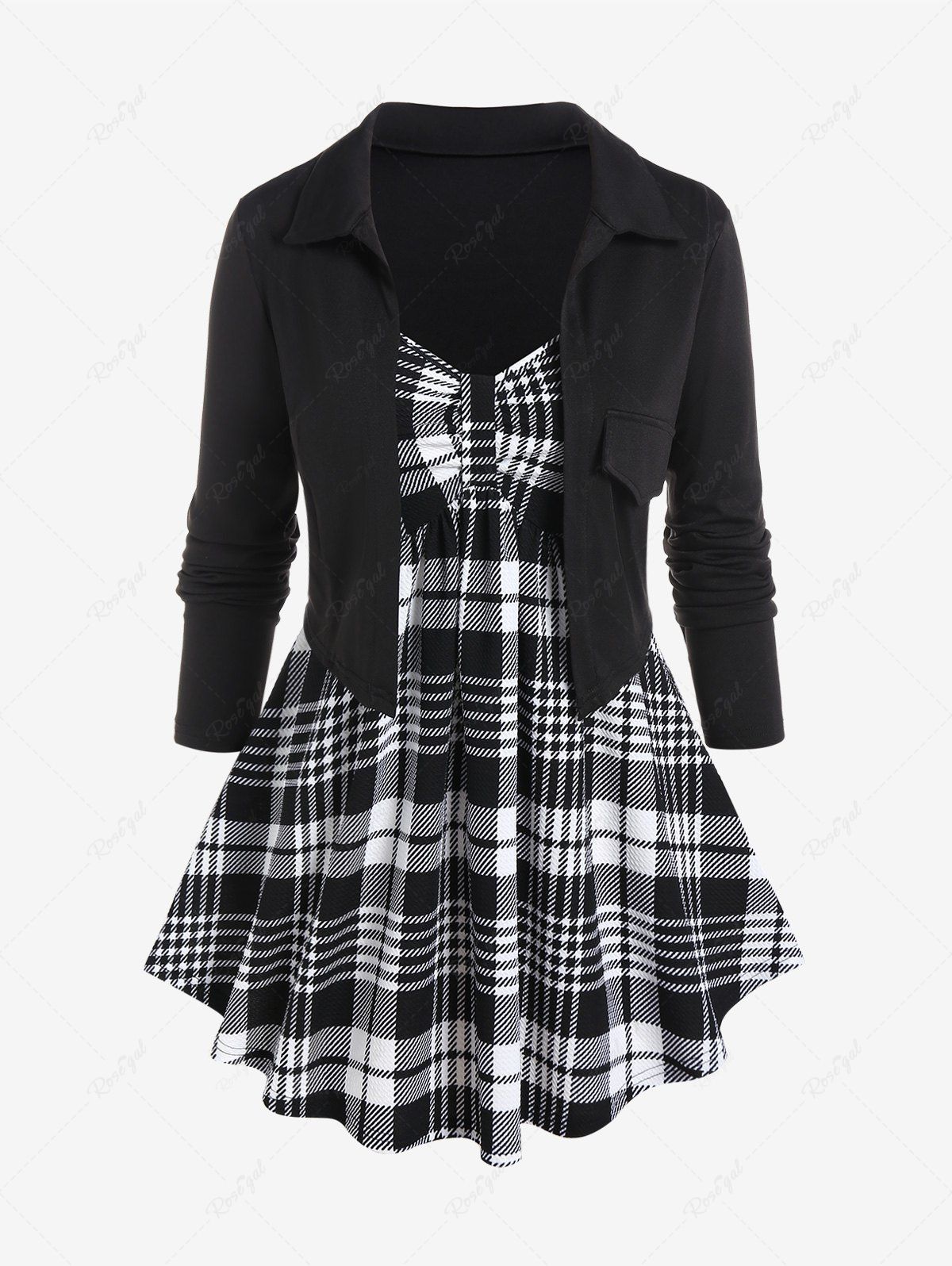 Outfit Plus Size Plaid Knot Tank Top and Open Front Solid Cropped Coat Set  