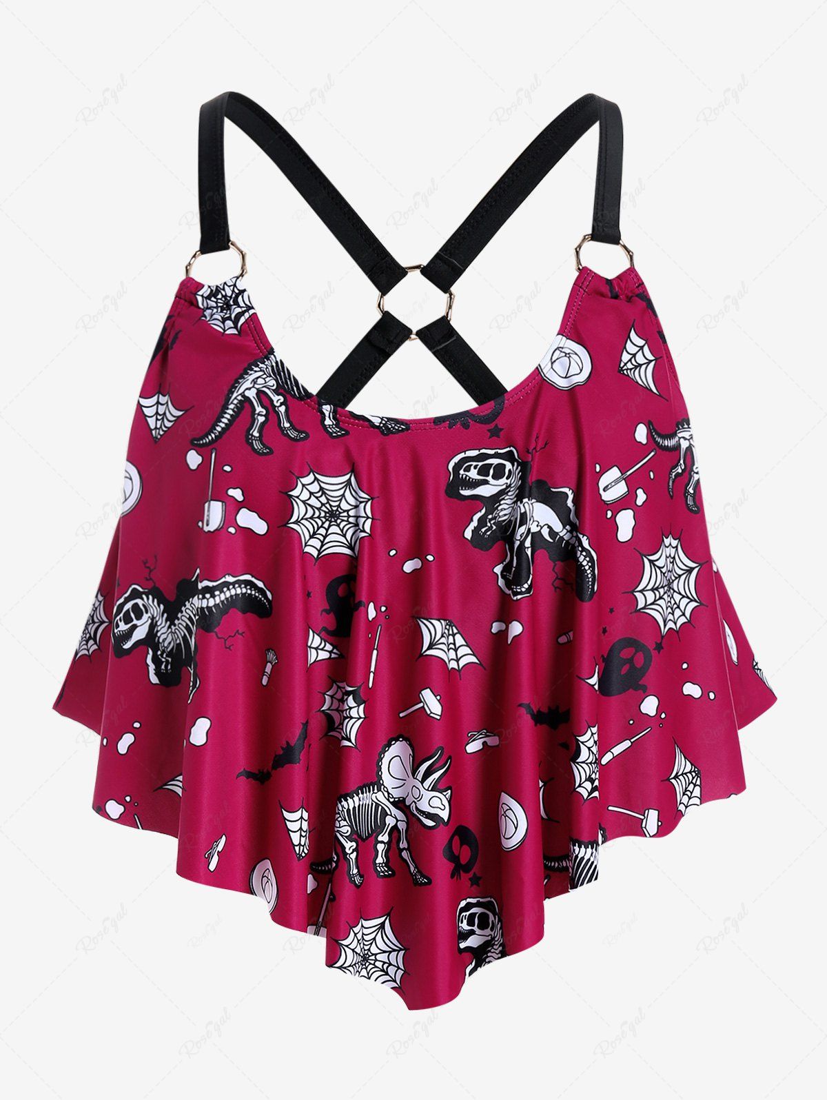 Trendy Plus Size Spiders Web Dinosaur Skeleton Print Ruffle Overlay Swim Tankini Top  