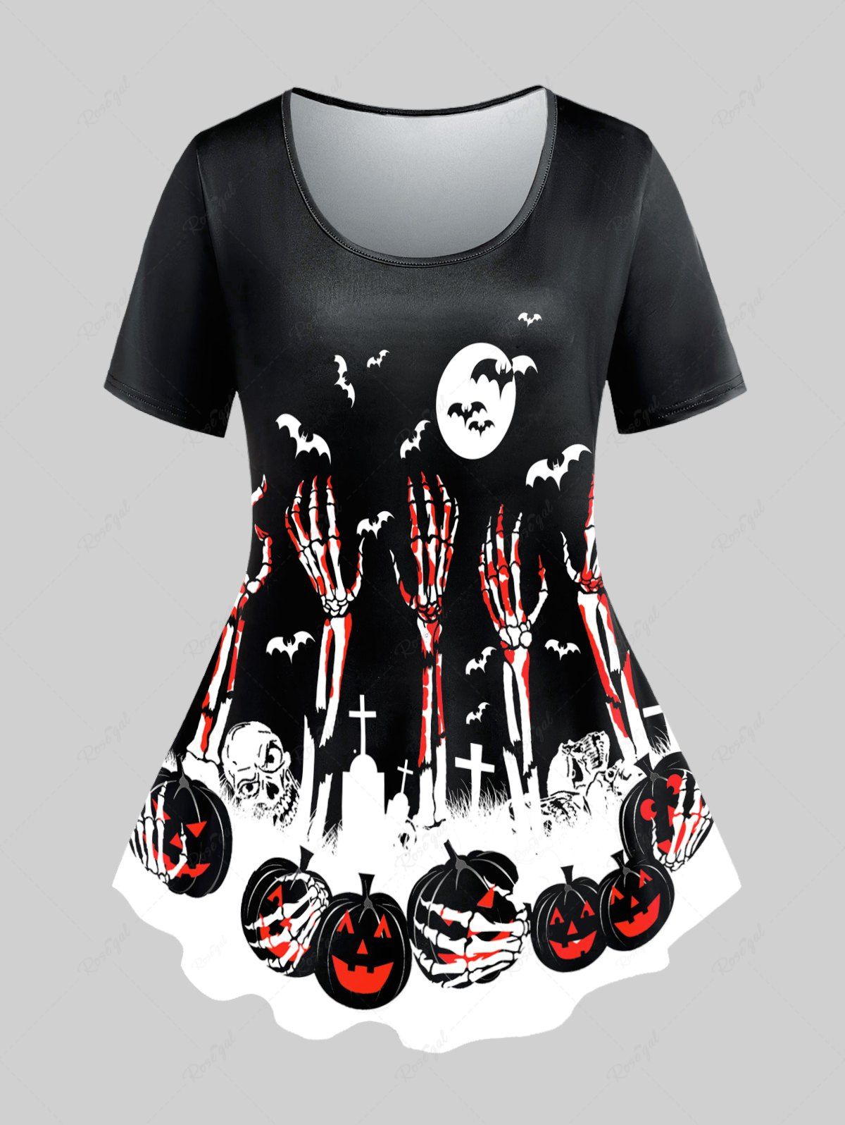 T-shirt D'Halloween à Imprimé Chauve-souris Citrouille à Manches Courtes Noir 