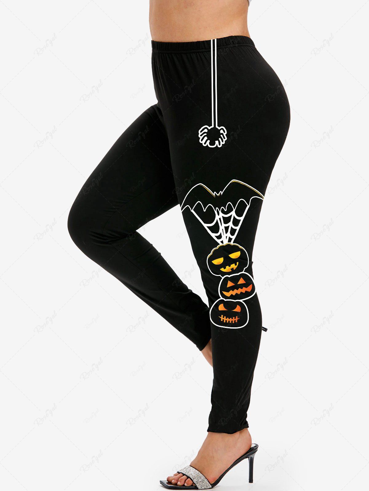 Chic Plus Size Pumpkin Cat Spider Print Halloween Leggings  