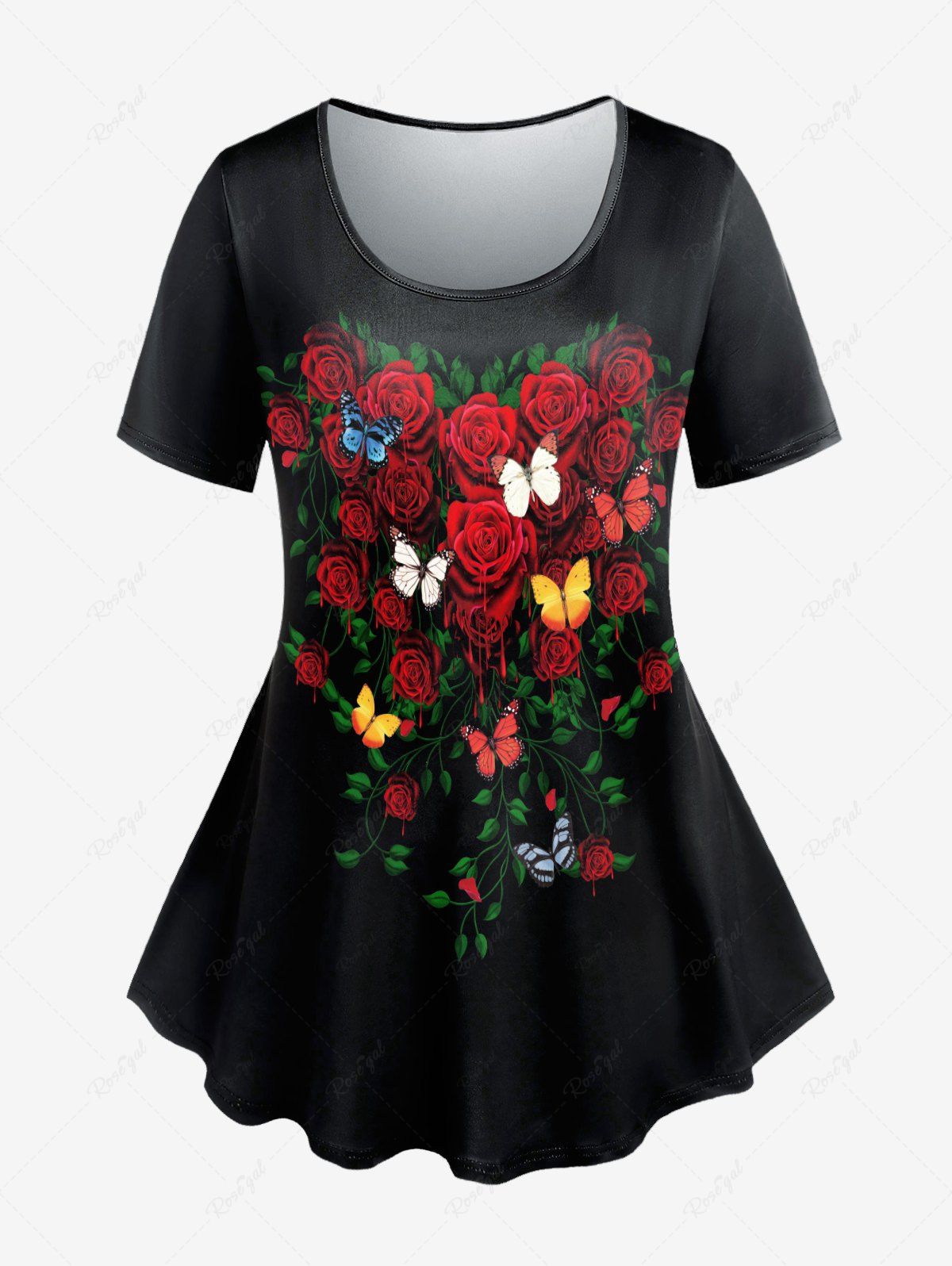 T-shirt à Imprimé Rose Papillon de Grande Taille à Manches Courtes Noir 4X | US 26-28