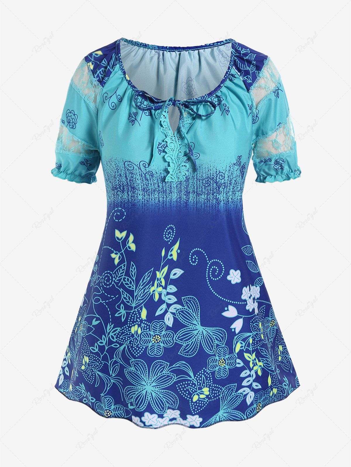 T-shirt à Imprimé Floral à Manches Raglan Grande Taille Bleu 3XL