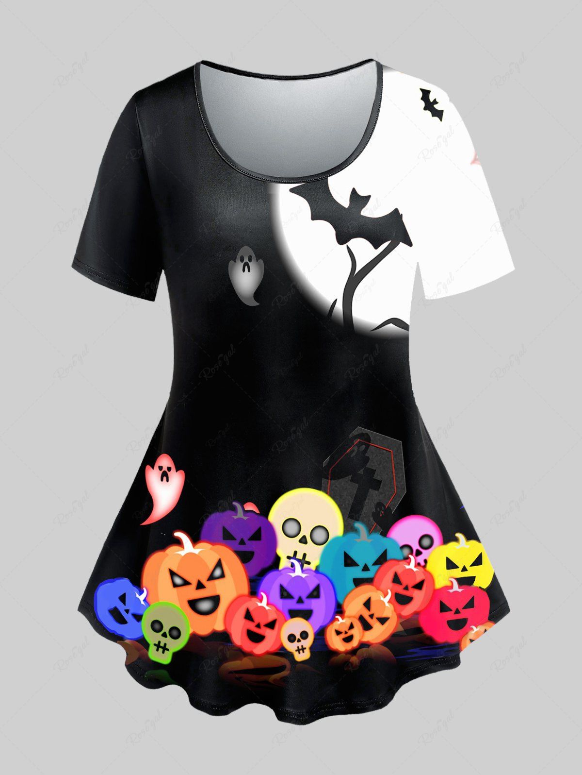 T-shirt à Manches Courtes à Imprimé Crânes Citrouille et Chauves-souris d'Halloween Noir 1X | US 14-16