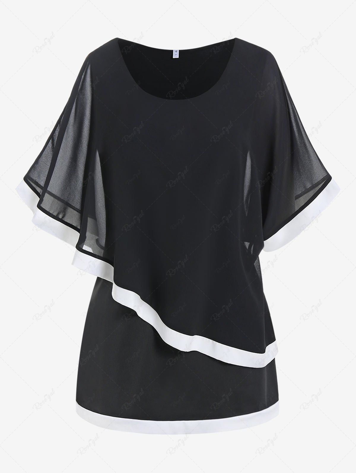 T-shirt Superposé en Tulle à Ourlet Contrasté de Grande Taille Noir 2X | US 18-20