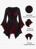 Plus Size Skulls Mesh Panel Bell Sleeves Twist Lace Up Asymmetrical 2 In 1 Top -  