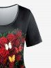 Plus Size Rose Butterfly Printed Short Sleeves Tee -  