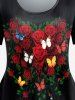 T-shirt à Imprimé Rose Papillon de Grande Taille à Manches Courtes - Noir 4X | US 26-28