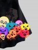 T-shirt à Manches Courtes à Imprimé Crânes Citrouille et Chauves-souris d'Halloween - Noir 