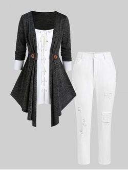 Plus Size Lace Up Colorblock Long Sleeves 2 in 1 Tee and Ripped Jeans Outfit - WHITE