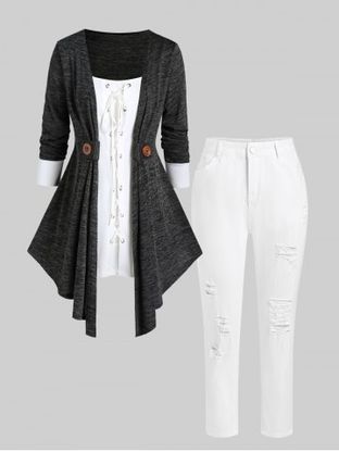 Plus Size Lace Up Colorblock Long Sleeves 2 in 1 Tee and Ripped Jeans Outfit