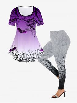 T-shirt D'Halloween 3D Branche D'Arbre en Blocs de Couleurs et Legging - PURPLE