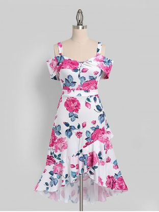 Plus Size Flower Print Overlap High Low Dress