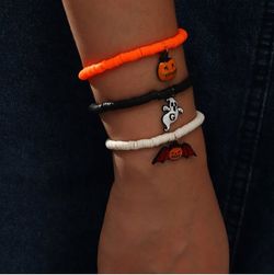 3Pcs Halloween Pumpkin Bat Ghost Clay Charm Bracelets - MULTI