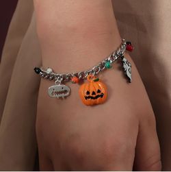 Bracelet en Chaîne avec Pendentif Citrouille et Crâne Style Punk pour Halloween - SILVER