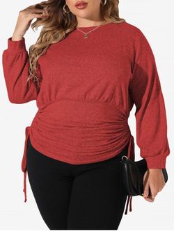 Plus Size Long Sleeves Cinched Ruched Solid T-shirt - RED - XL