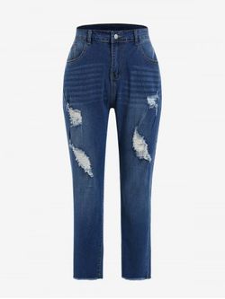 Plus Size Distressed Frayed Cat Whiskers High Waisted Jeans - DEEP BLUE - 4XL