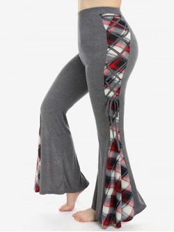 Plus Size High Waist Plaid Lace Up Bell Bottom Pants - GRAY - 2X | US 18-20