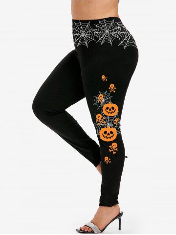 Halloween Pumpkins Spider Web Printed Skinny Leggings - ORANGE - M | US 10