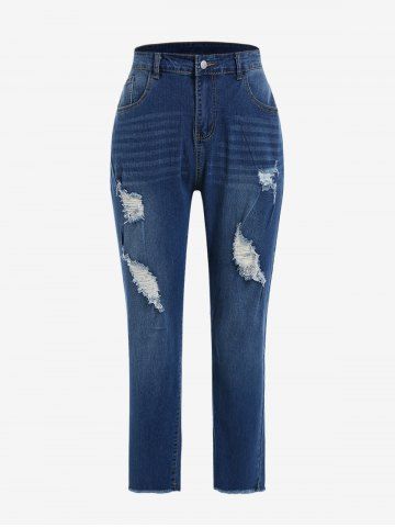 Plus Size Distressed Frayed Cat Whiskers High Waisted Jeans - DEEP BLUE - XL