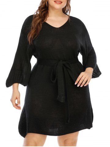 Plus Size Drop Shoulder Solid Belt Mini Sweater Dress - BLACK - 2XL