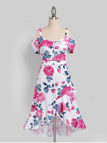 Plus Size Flower Print Overlap High Low Dress - WHITE - 3X