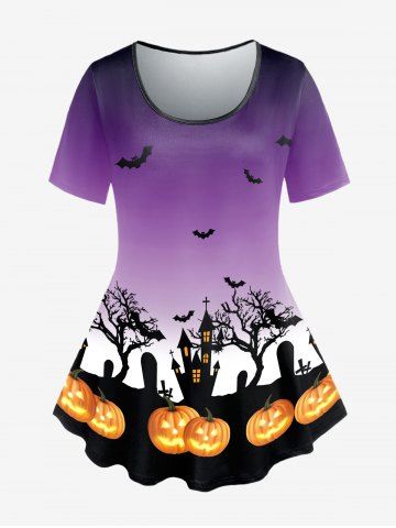 Plus Size Halloween Pumpkins Bats Tree Printed Ombre Short Sleeves Tee - PURPLE - 5X | US 30-32
