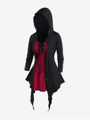 Gothic Lace Up Full Zipper Hooded Asymmetric 2 in 1 Tee - BLACK - 4X | US 26-28