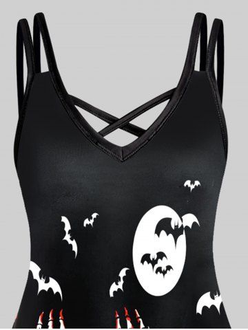 Plus Size Halloween Pumpkins Hand Skeletons Bats Printed Crisscross A Line Dress