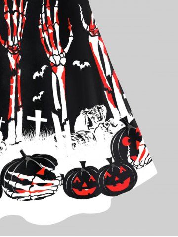 Plus Size Halloween Pumpkins Hand Skeletons Bats Printed Crisscross A Line Dress
