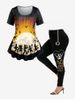 Halloween Printed T-shirt and Halloween Pumpkin Cat Spiders Leggings Outfit -  